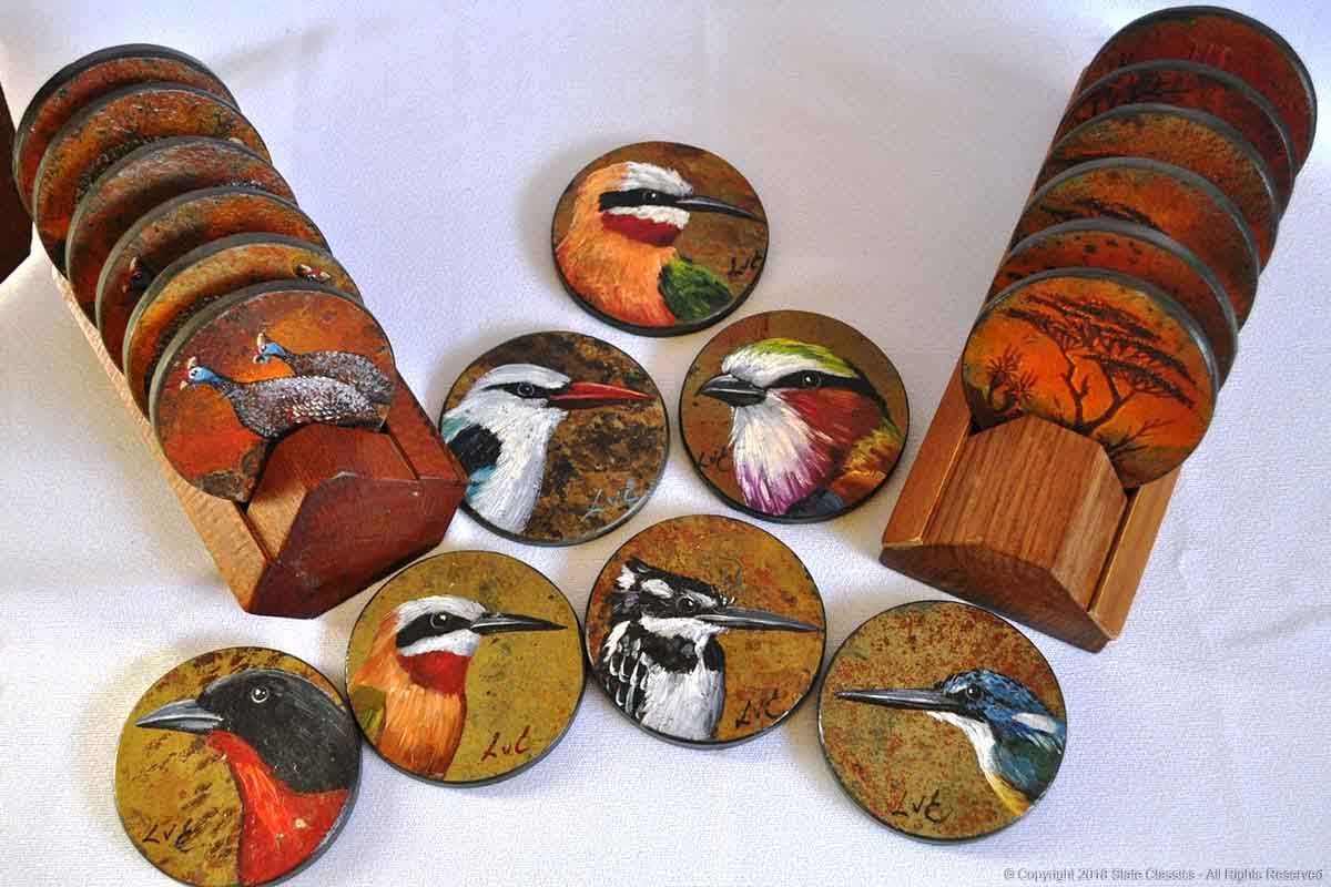 Painted slate coasters (art by Lariza)