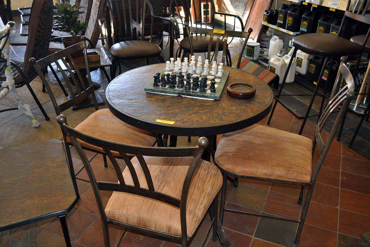 Round steel table & chairs - slate top